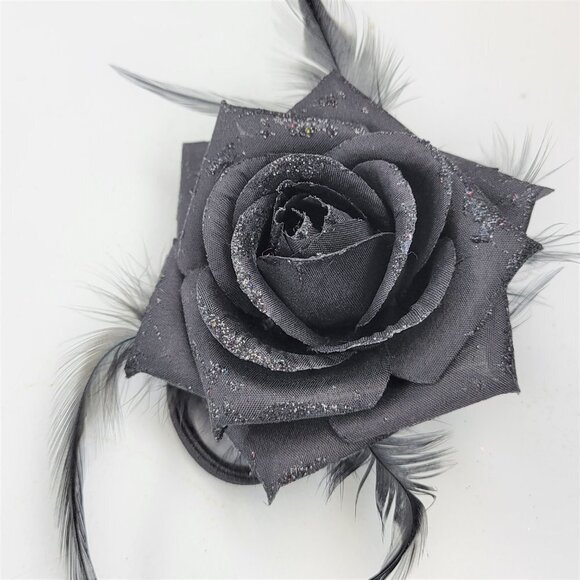 MENS Black Rose Feathers Corsage Black Rose Brooch Rose Floral Hair Tie  NEW - Picture 2 of 10